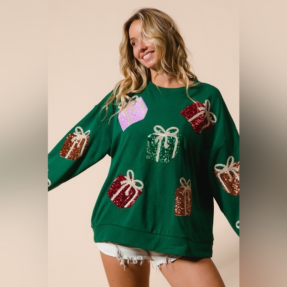 BiBi Sequin Christmas Gift Box Embroideries Pullover